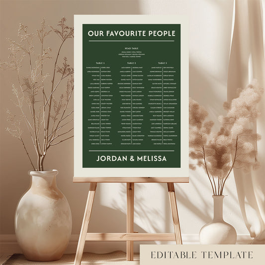 Large 3-table long tables wedding seating chart template in dark forest green on a timber easel. The Renard design features a "Our Favourite People" heading and a minimalist layout. A DIY printable poster available in A1 or A2 sizes from The Hello Bureau.