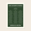 Digital wedding seating chart template for 3 long tables. Features a clean forest green border and cream-coloured accents. No software required to edit this printable A-size design. A stress-free way to organise your wedding reception guest list.
