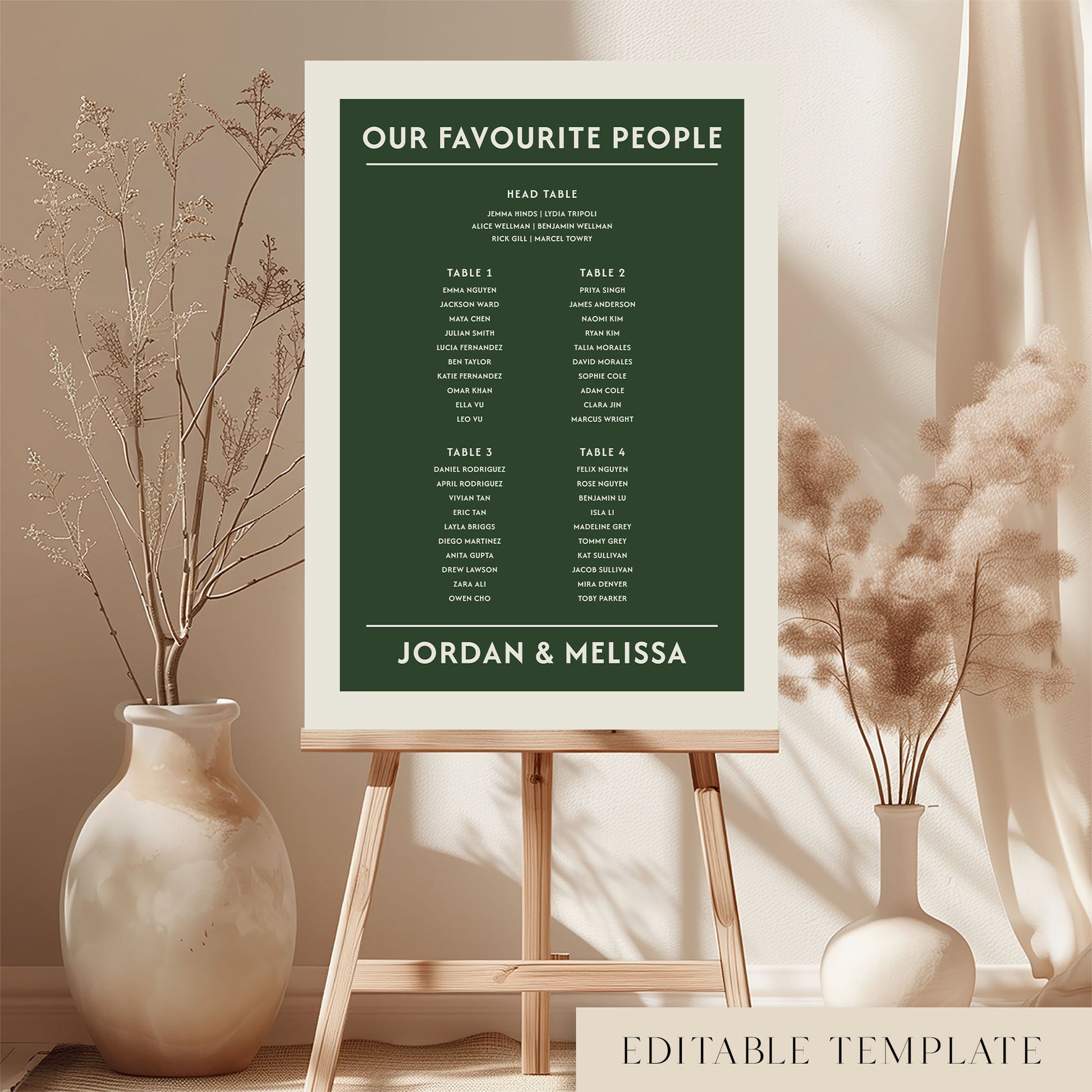 Large 4-table wedding seating chart template in dark forest green on a timber easel. The Renard design features a "Our Favourite People" heading and a minimalist layout. A DIY printable poster available in A1 or A2 sizes from The Hello Bureau.