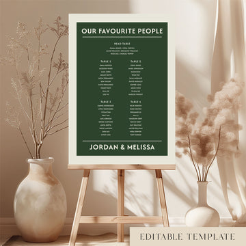 Large 4-table wedding seating chart template in dark forest green on a timber easel. The Renard design features a "Our Favourite People" heading and a minimalist layout. A DIY printable poster available in A1 or A2 sizes from The Hello Bureau.