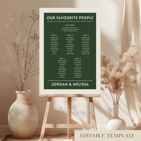 Large 5-table wedding seating chart template in dark forest green on a timber easel. The Renard design features a "Our Favourite People" heading and a minimalist layout. A DIY printable poster available in A1 or A2 sizes from The Hello Bureau.