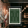 Industrial-style wedding guest list poster hanging in a brick-walled bar. This editable hunter green seating plan accommodates 5 tables and is designed for modern Australian weddings. Easy to personalise wording and names online.