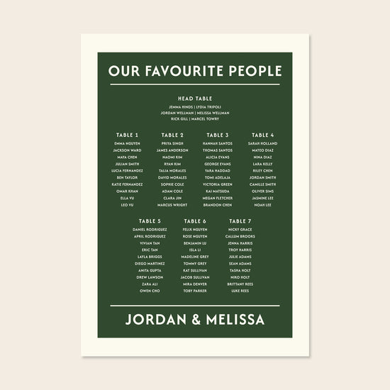 Editable forest green wedding seating chart template with modern fonts on a clean cream background.