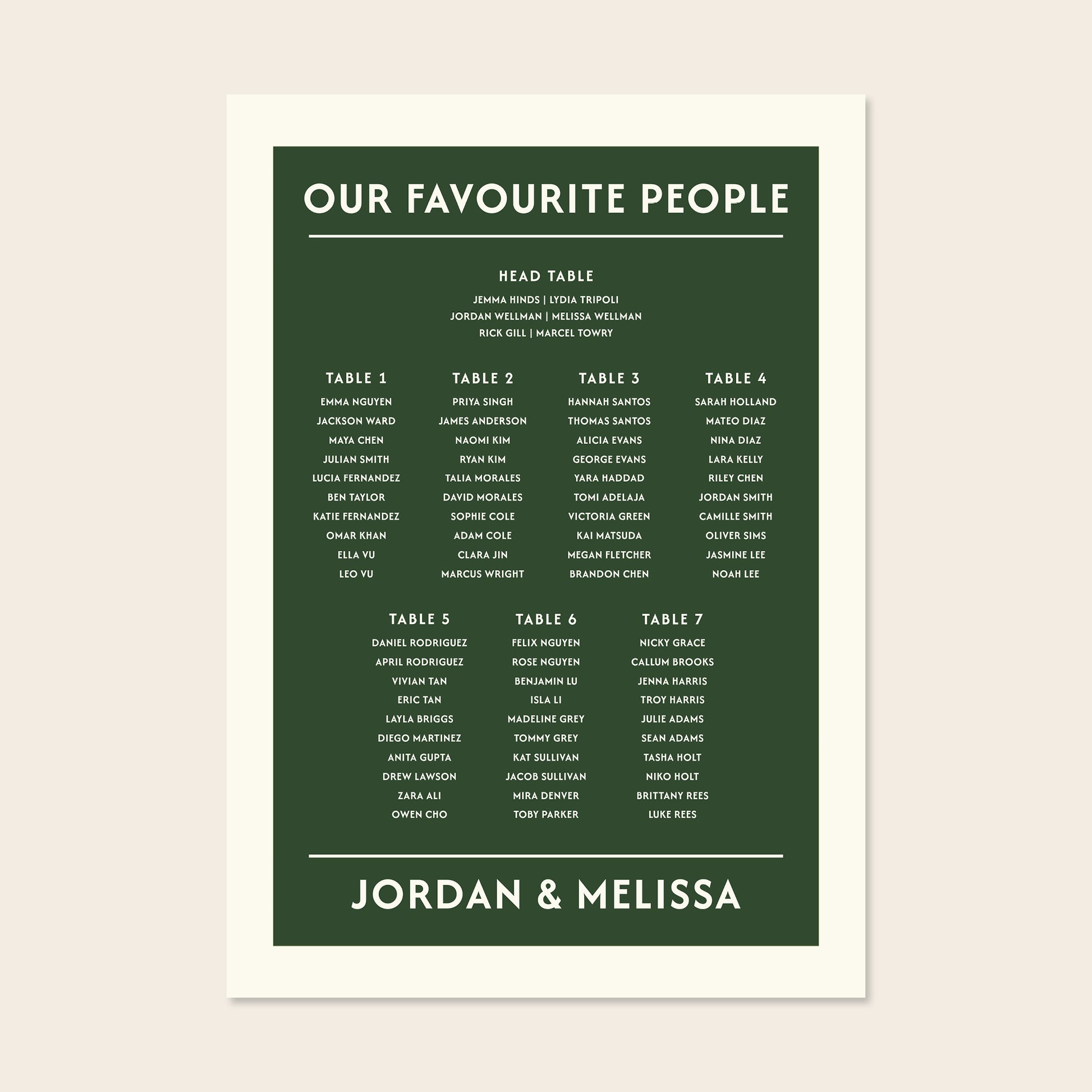 Editable forest green wedding seating chart template with modern fonts on a clean cream background.