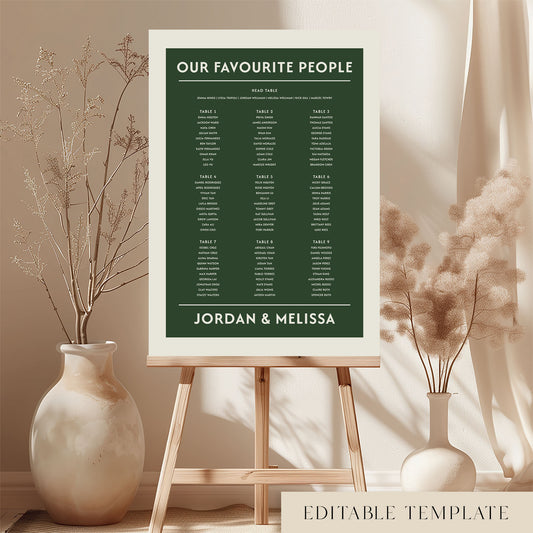Large 9-table wedding seating chart template in dark forest green on a timber easel. The Renard design features a "Our Favourite People" heading and a minimalist layout. A DIY printable poster available in A1 or A2 sizes from The Hello Bureau.