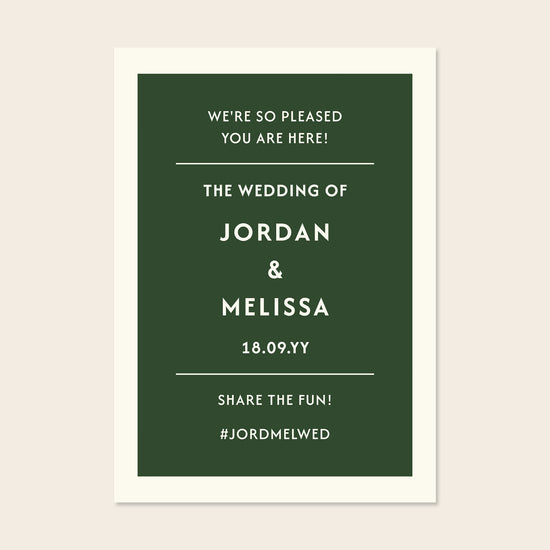 Digital template for a minimalist wedding welcome sign with forest green background and modern serif typography. Renard collection by The Hello Bureau. No software required to personalise colours and fonts.