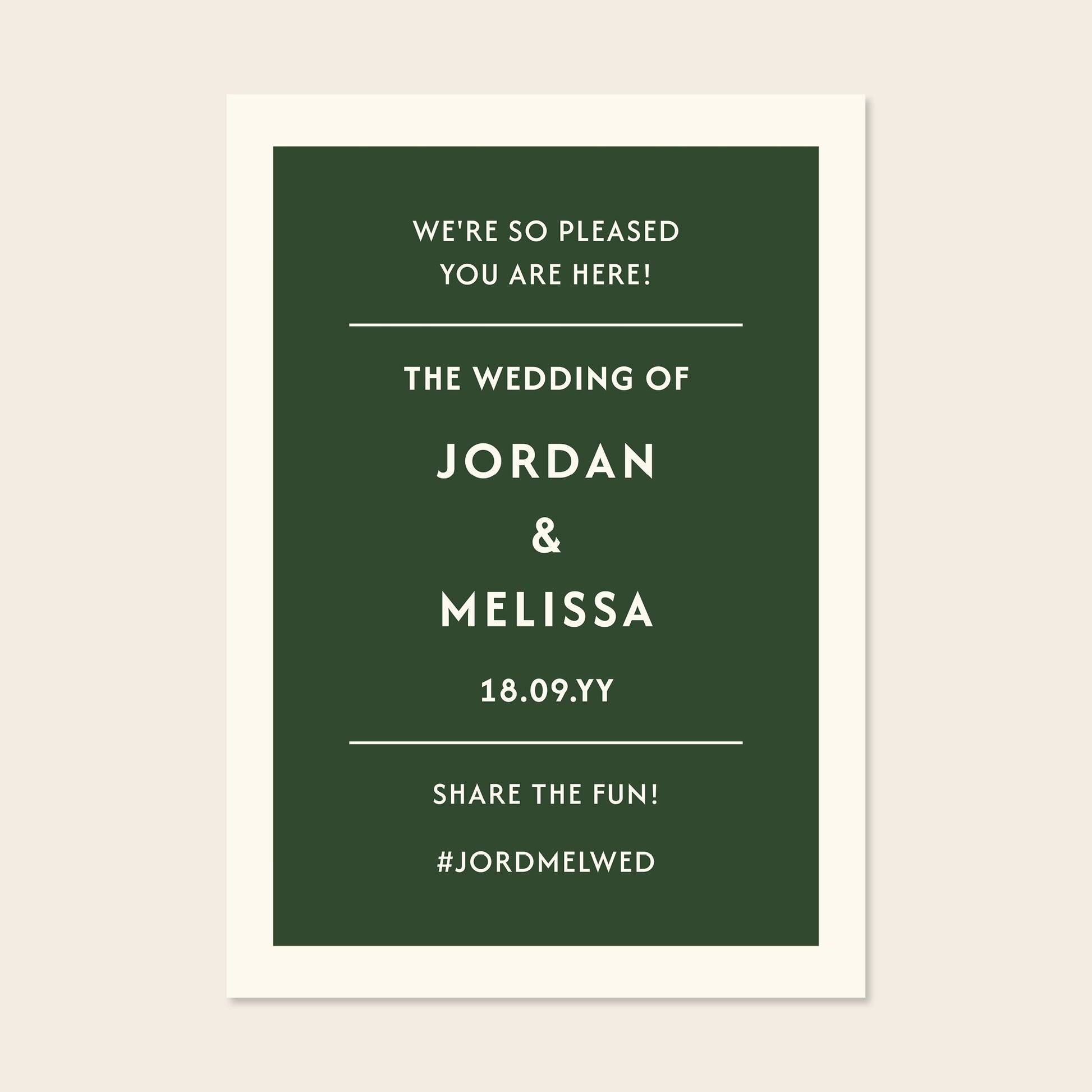 Digital template for a minimalist wedding welcome sign with forest green background and modern serif typography. Renard collection by The Hello Bureau. No software required to personalise colours and fonts.