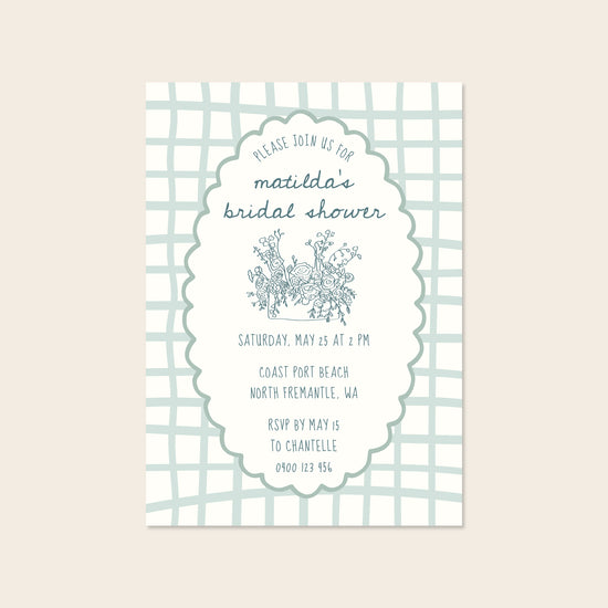 Bridal shower invitation template design on a beige background.