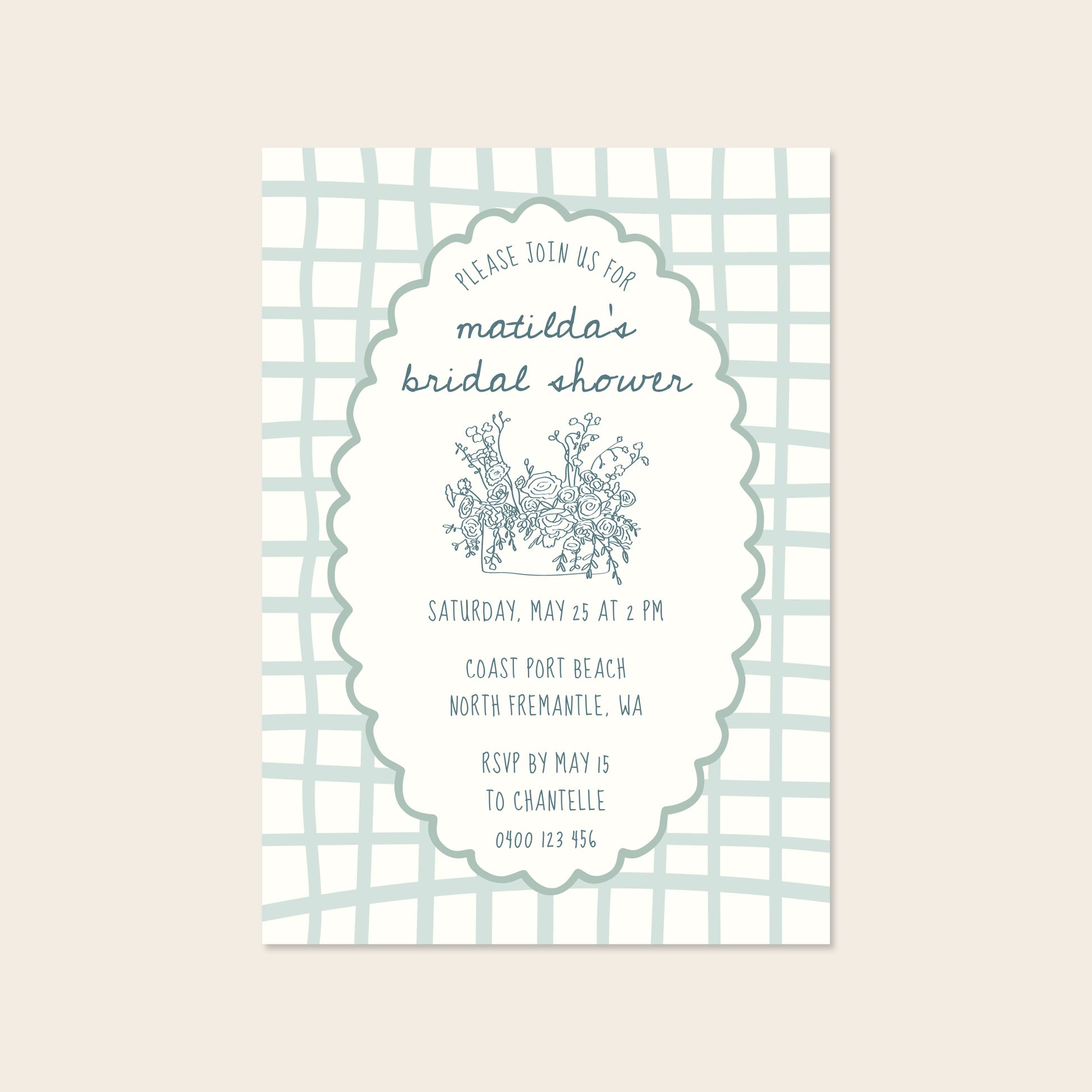 Bridal shower invitation template design on a beige background.