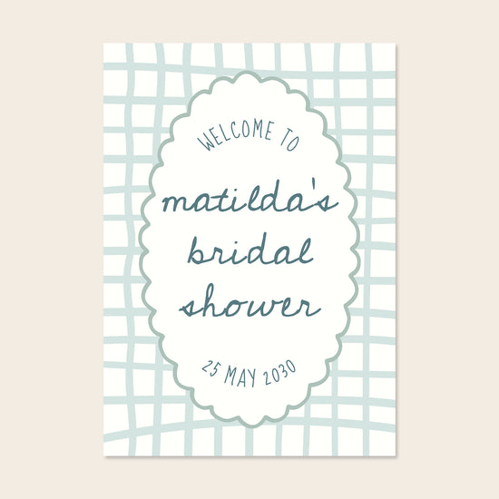 Blue whimsical bridal shower welcome sign template design on a beige background.