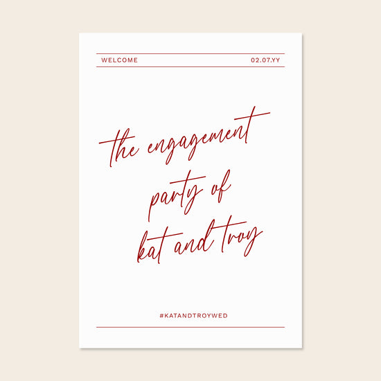 Engagement party welcome sign template design on a beige background.