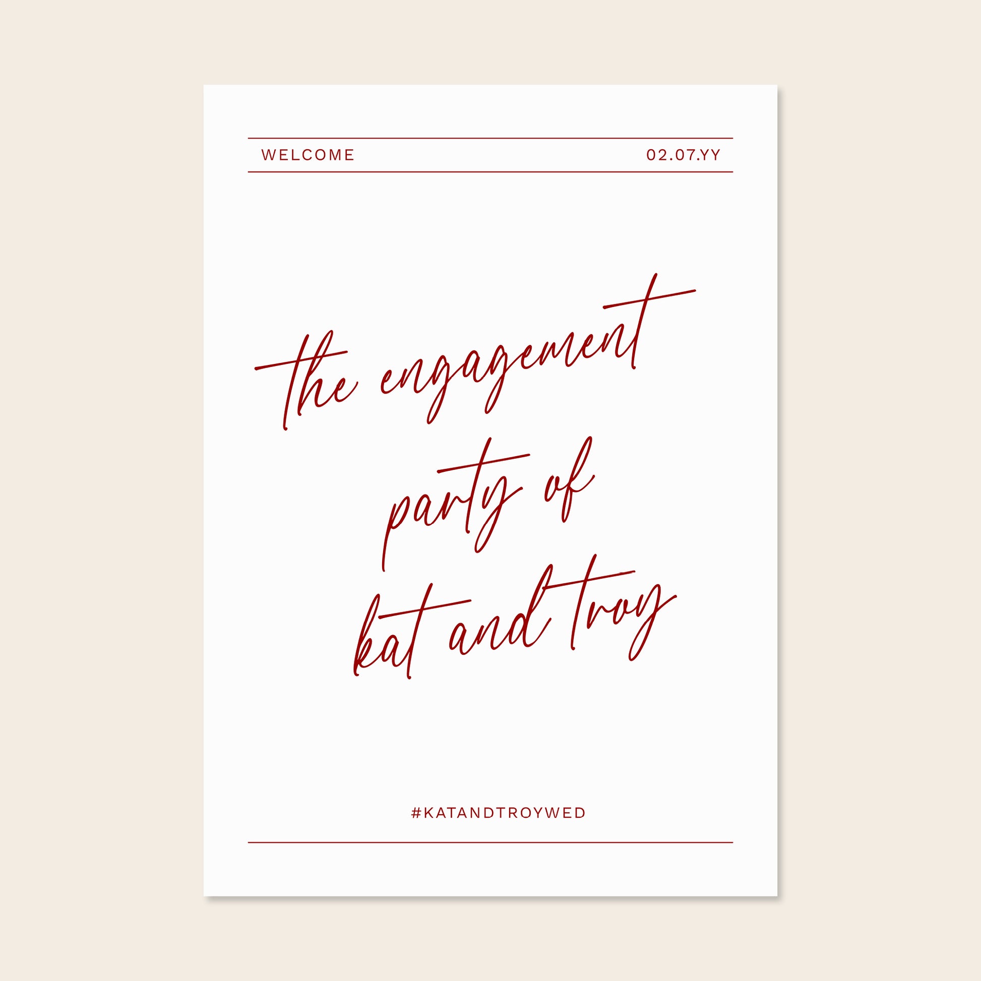 Engagement party welcome sign template design on a beige background.