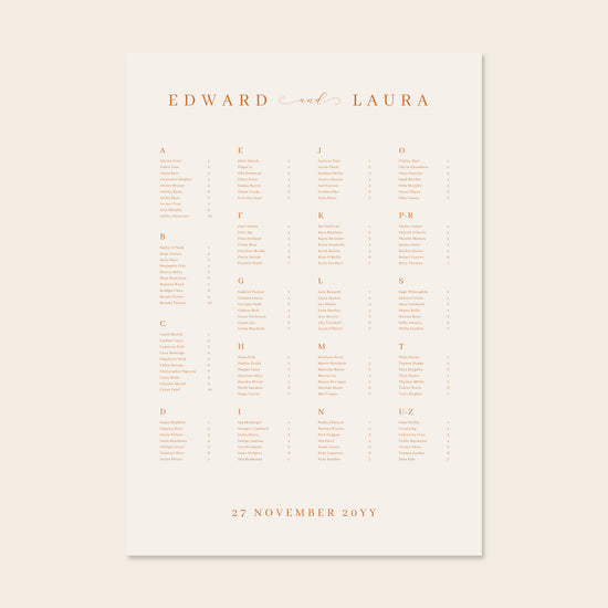 Wedding alphabetical table seating plan template design on a beige background.