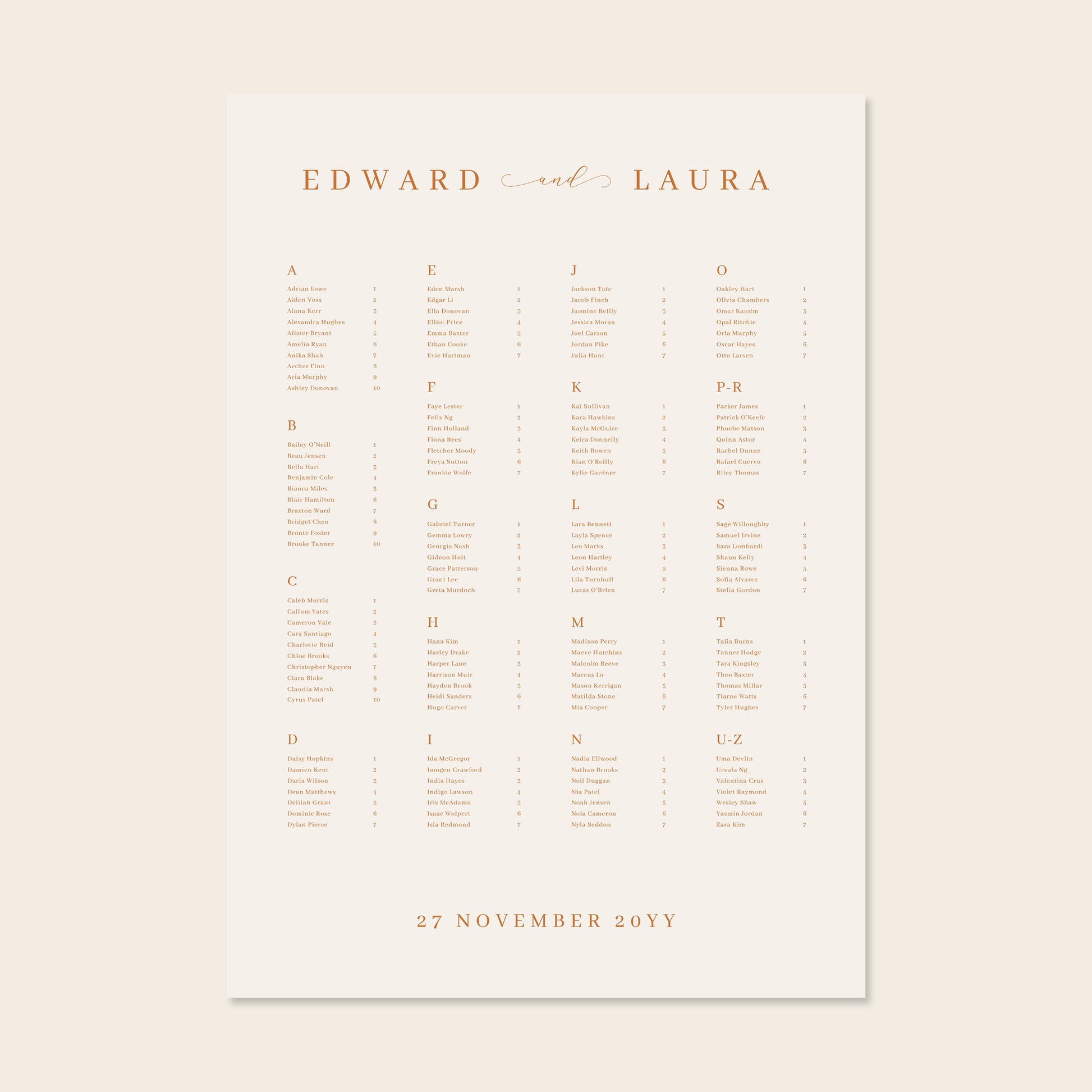 Wedding alphabetical table seating plan template design on a beige background.