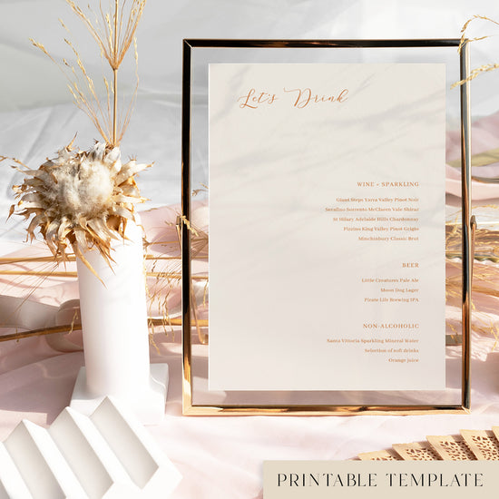 Framed bar menu template with decorative floral elements in a light table setting.