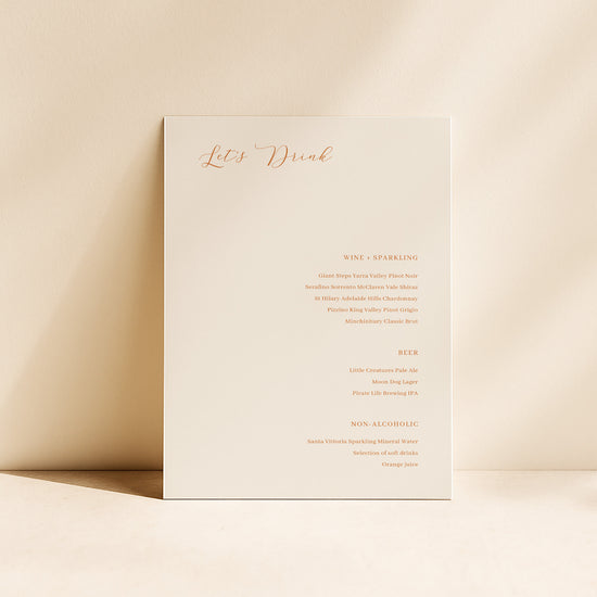 Wedding bar menu card template design on a beige background.