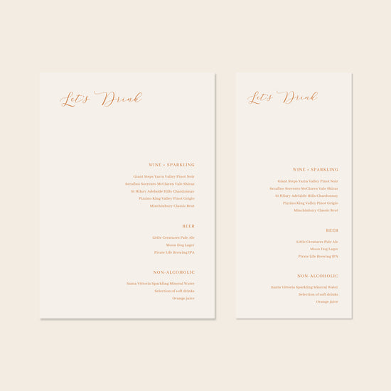Two wedding bar menu templates, one tall and one wide, displayed on a beige background.
