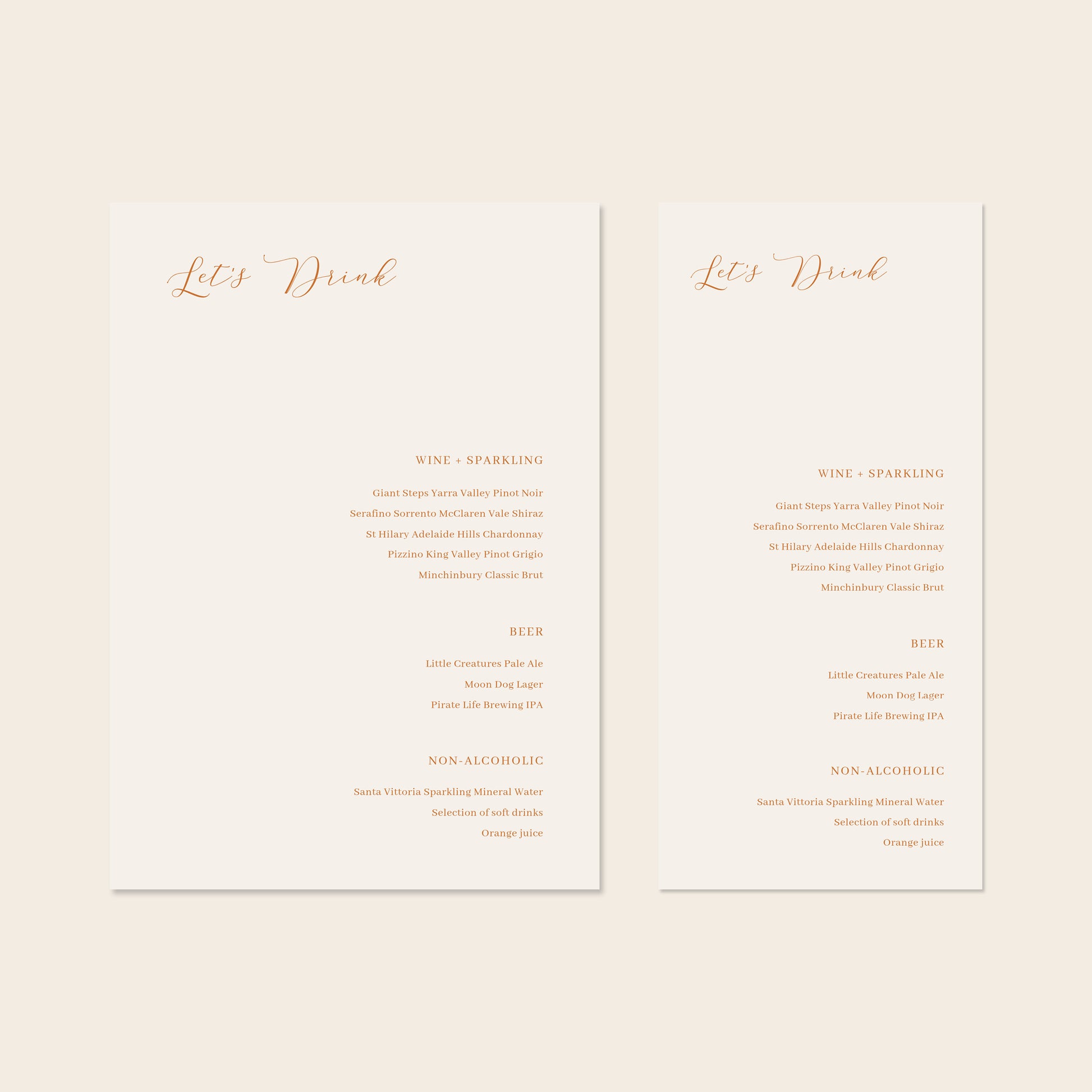 Two wedding bar menu templates, one tall and one wide, displayed on a beige background.