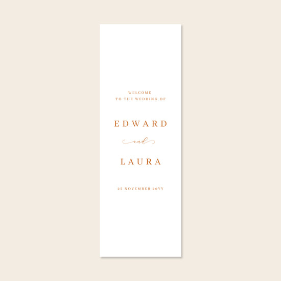 Vertical white fabric sign template on a beige background.