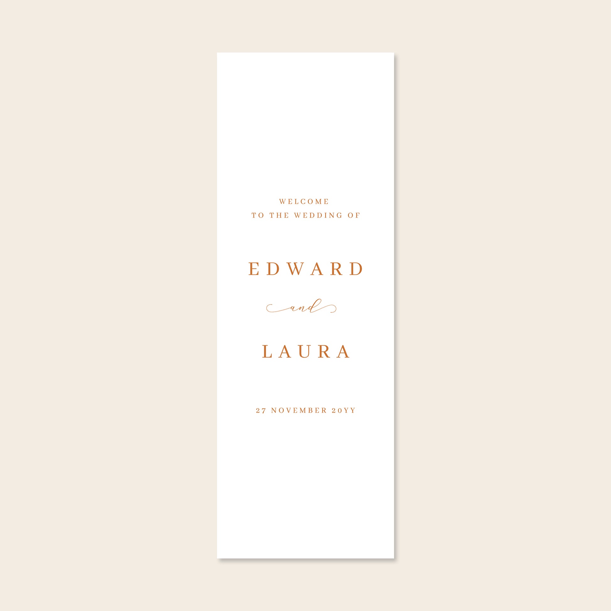 Vertical white fabric sign template on a beige background.