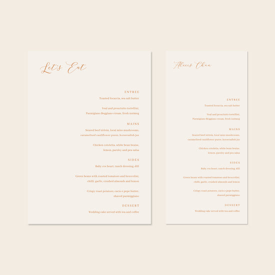 Two wedding menu templates, one tall and one wide, displayed on a beige background.