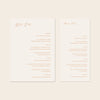 Two wedding menu templates, one tall and one wide, displayed on a beige background.