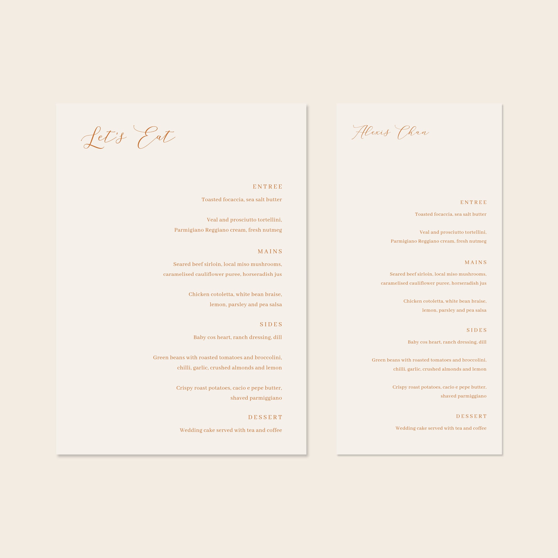 Two wedding menu templates, one tall and one wide, displayed on a beige background.