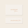 Two place card templates shown in horizontal and slim rectangular layouts on a beige background.