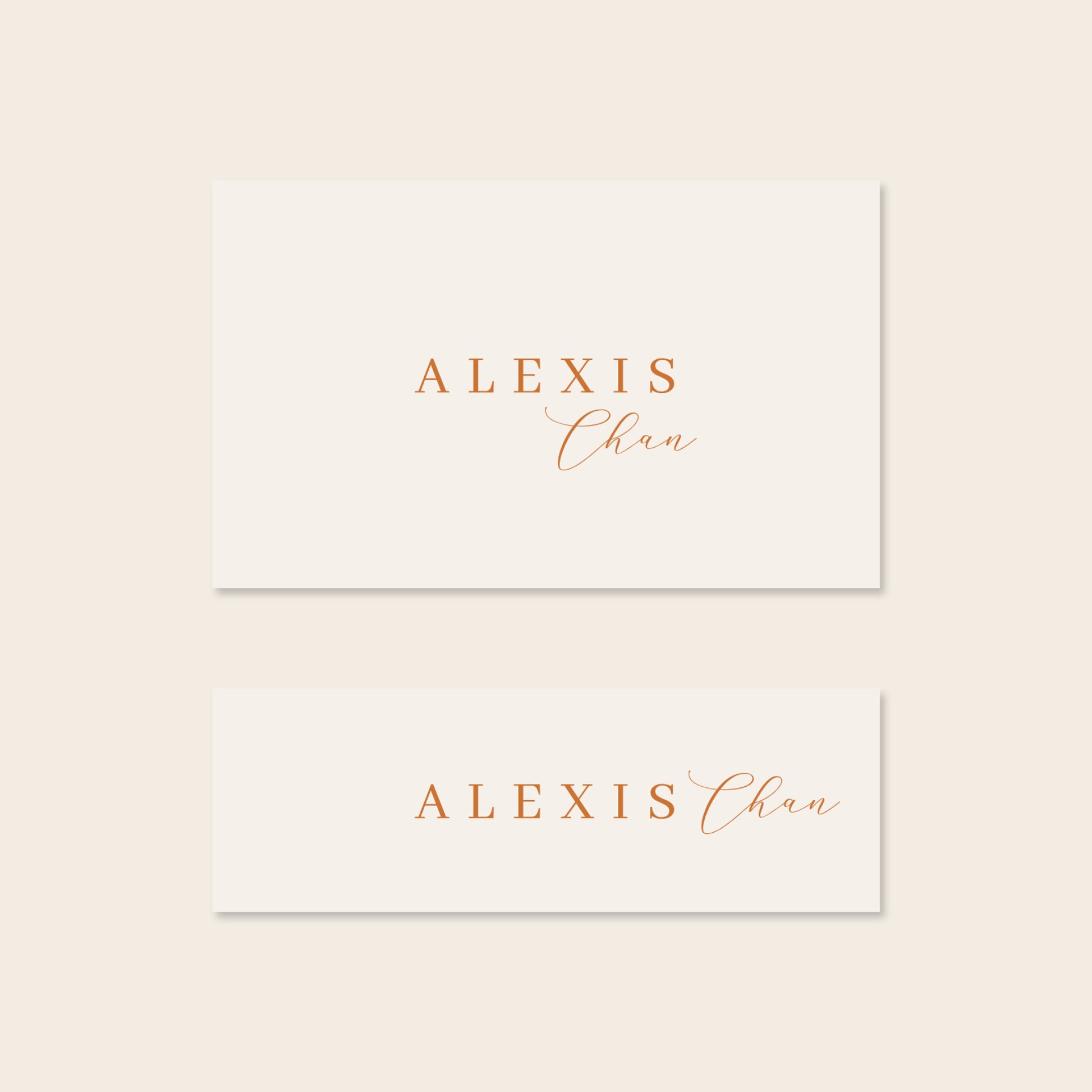 Two place card templates shown in horizontal and slim rectangular layouts on a beige background.