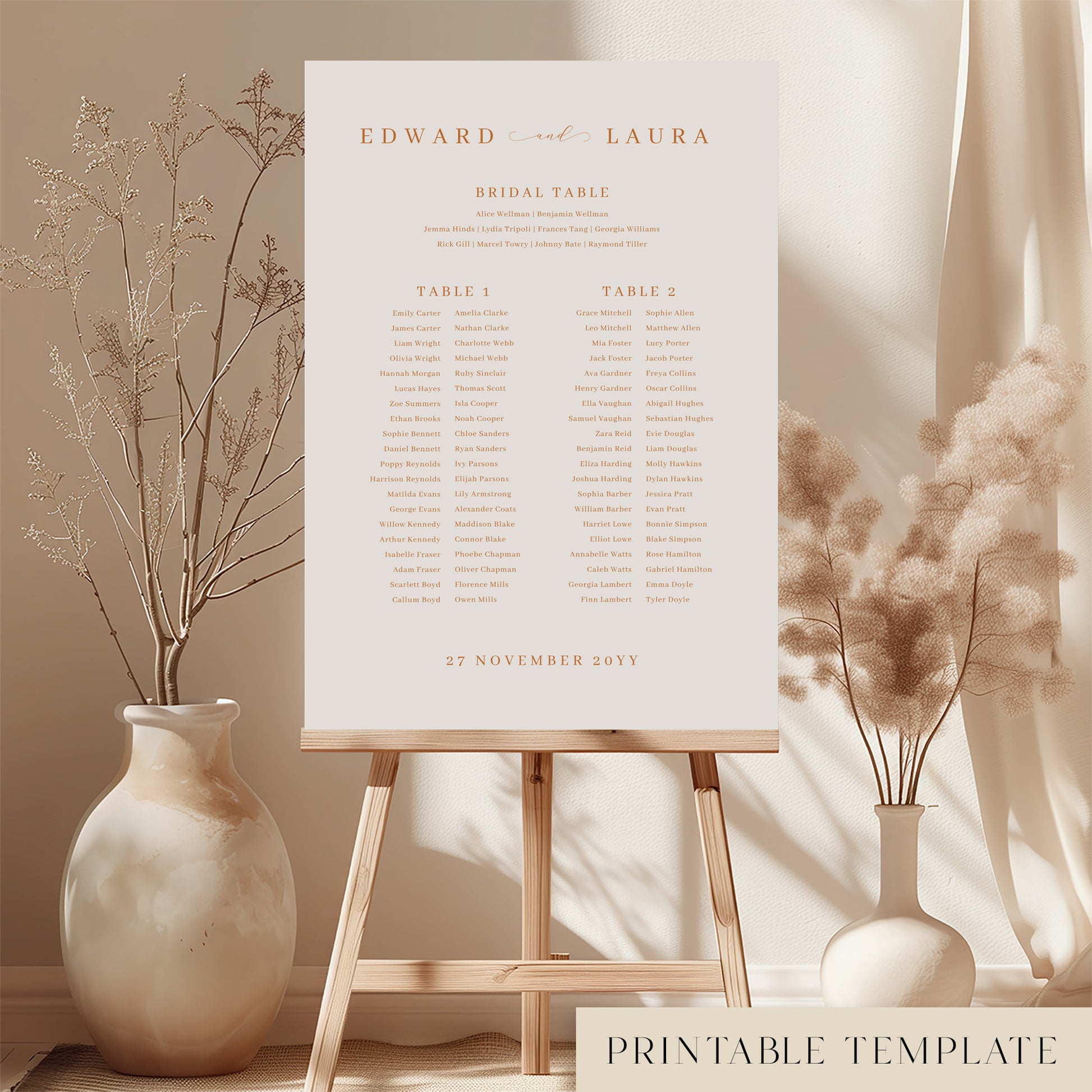 Printable minimal wedding seating chart sign on an easel with floral arrangements in a room setting.