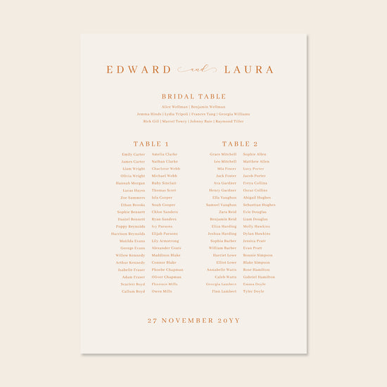 Wedding seating chart template design on a beige background.