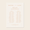 Wedding seating chart template design on a beige background.