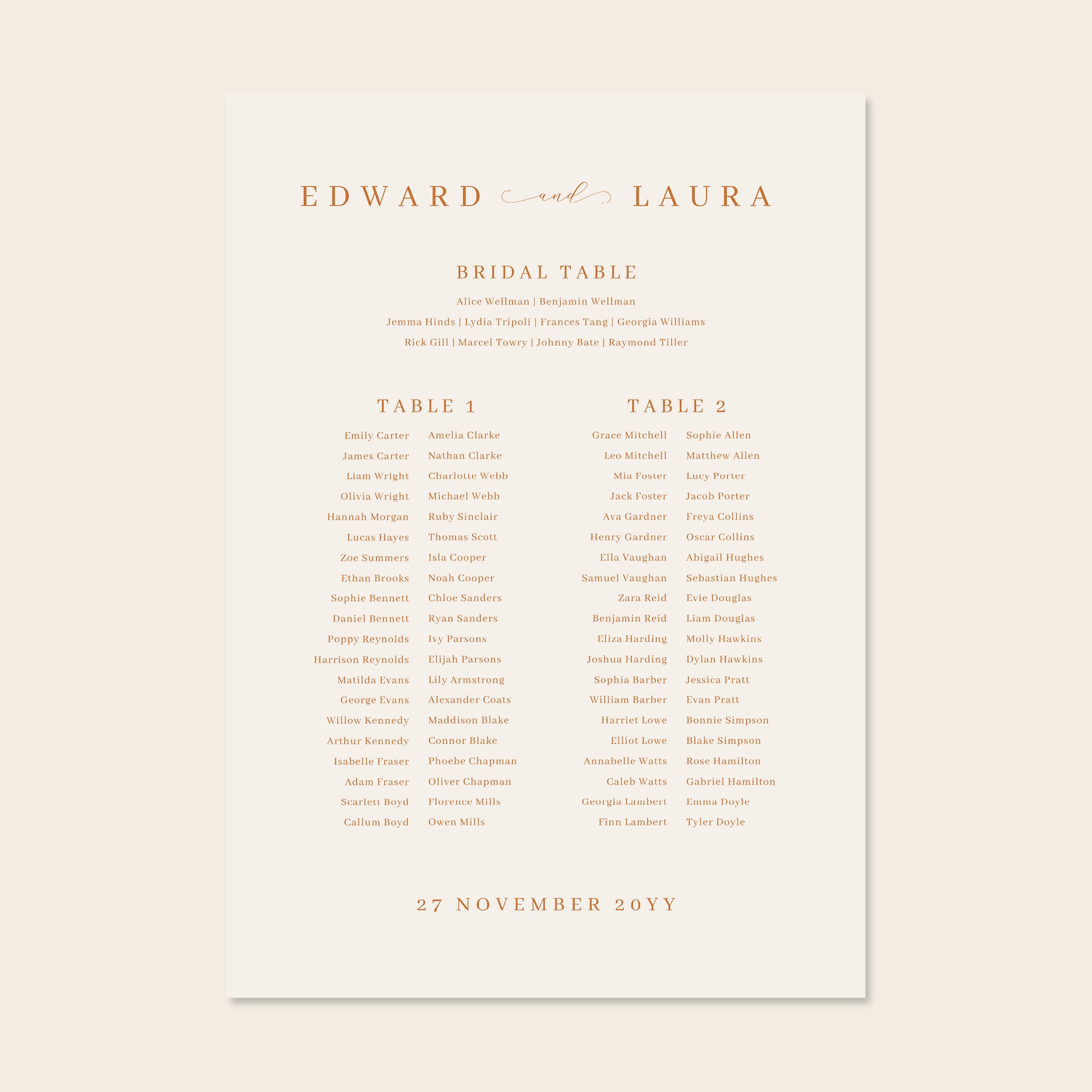Wedding seating chart template design on a beige background.