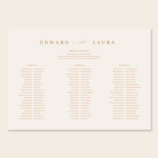 Horizontal wedding seating chart sign template design on a beige background.
