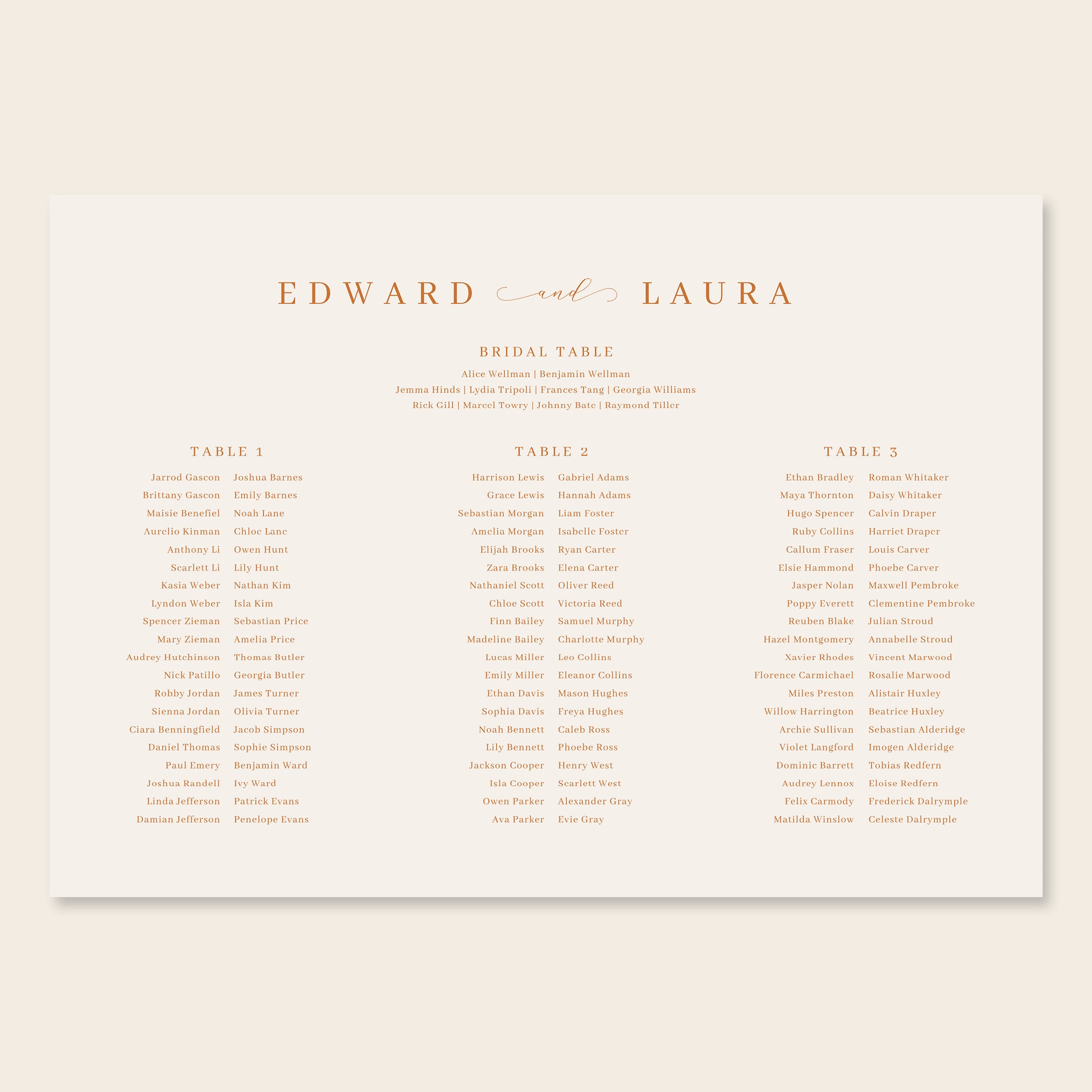 Horizontal wedding seating chart sign template design on a beige background.
