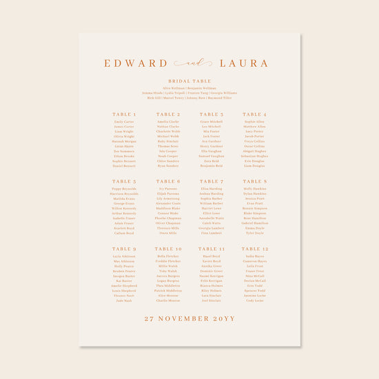 Wedding seating chart template design on a beige background.
