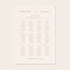 Wedding seating chart template design on a beige background.