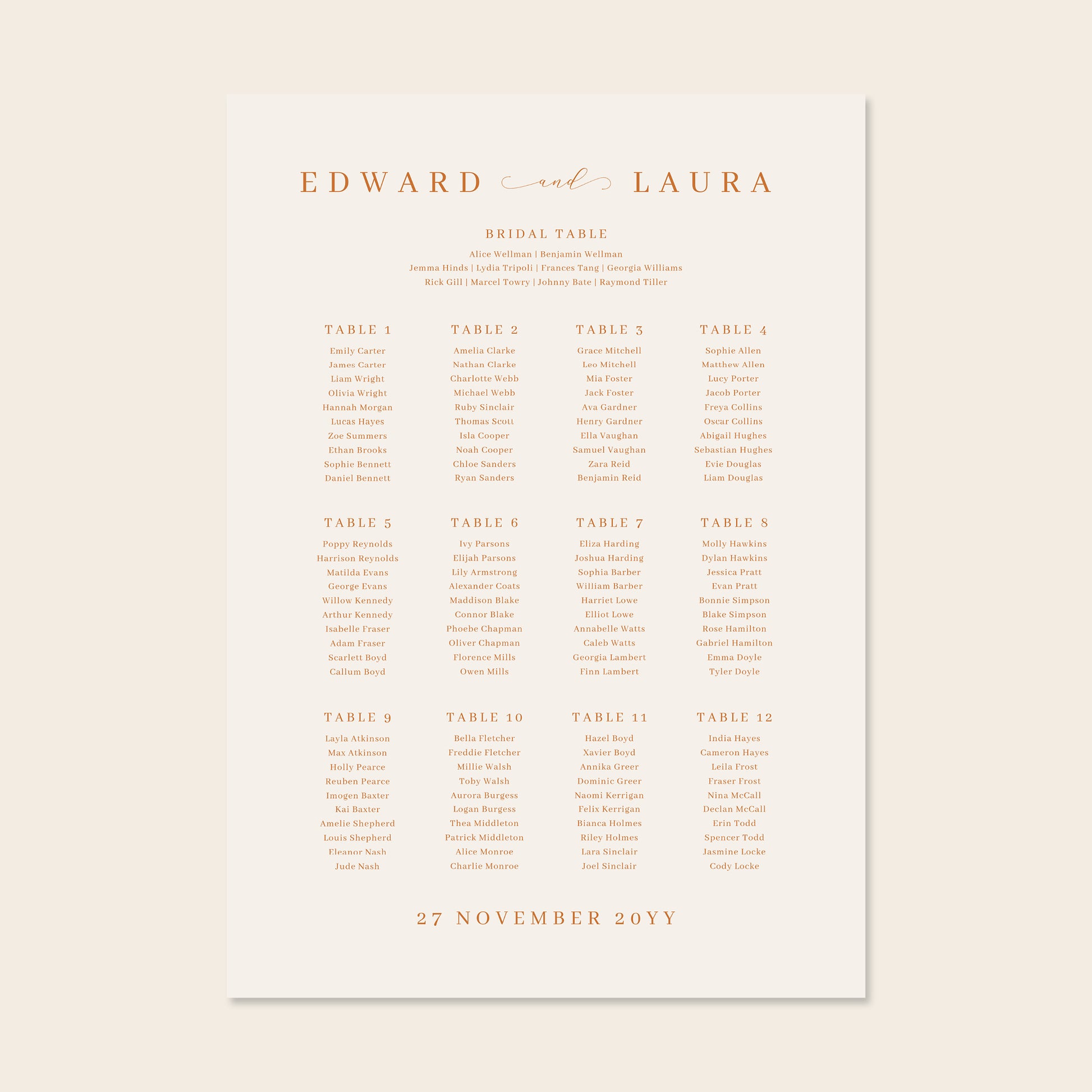 Wedding seating chart template design on a beige background.