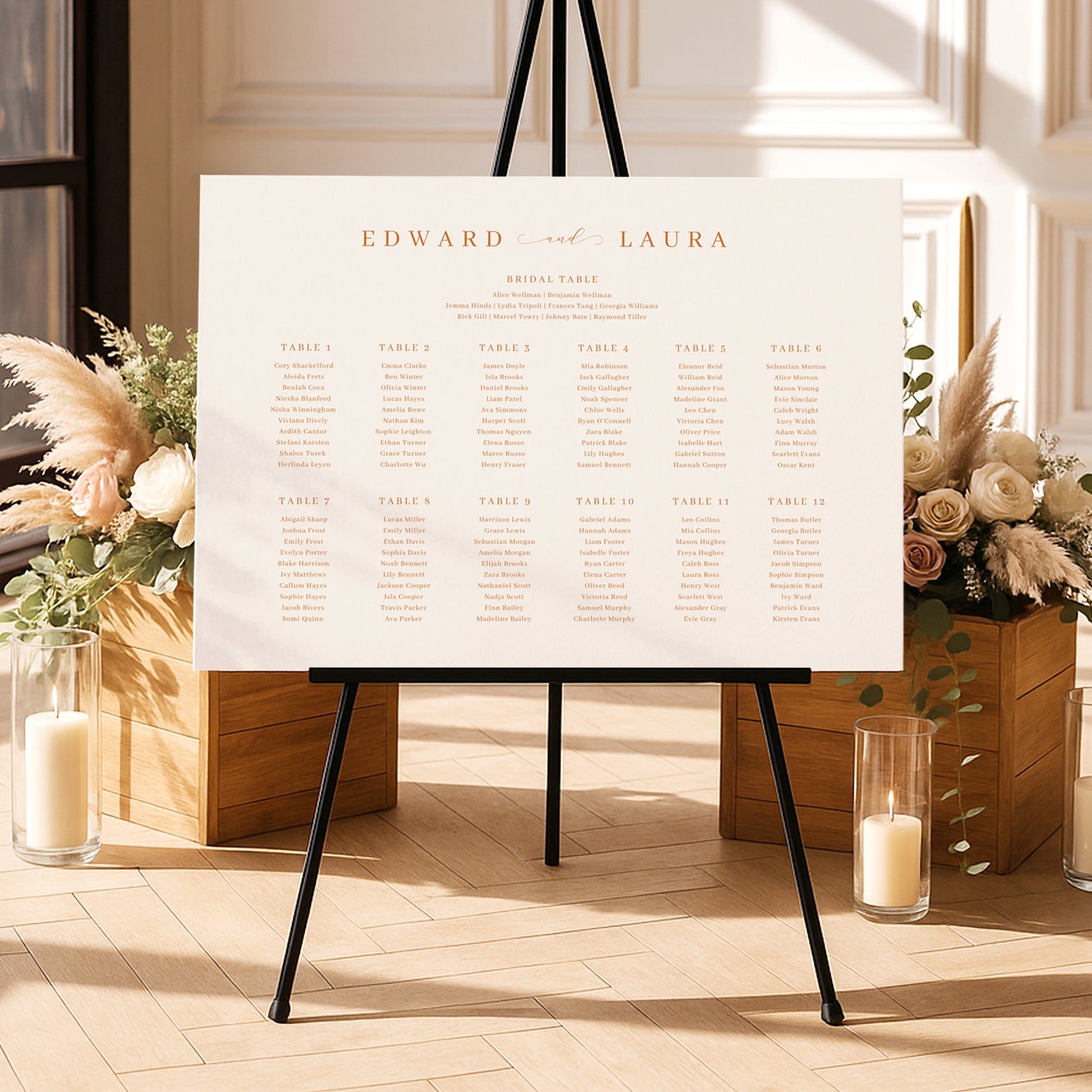 Modern seating chart template on an easel with floral arrangements and candles in a decorative setting.