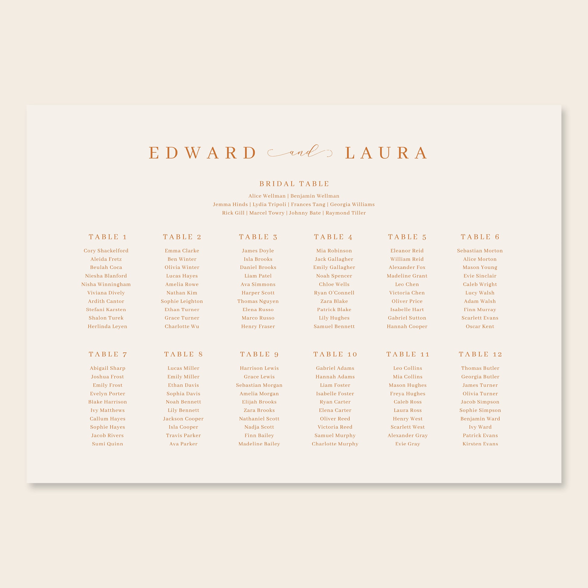 Horizontal wedding seating chart sign template design on a beige background.