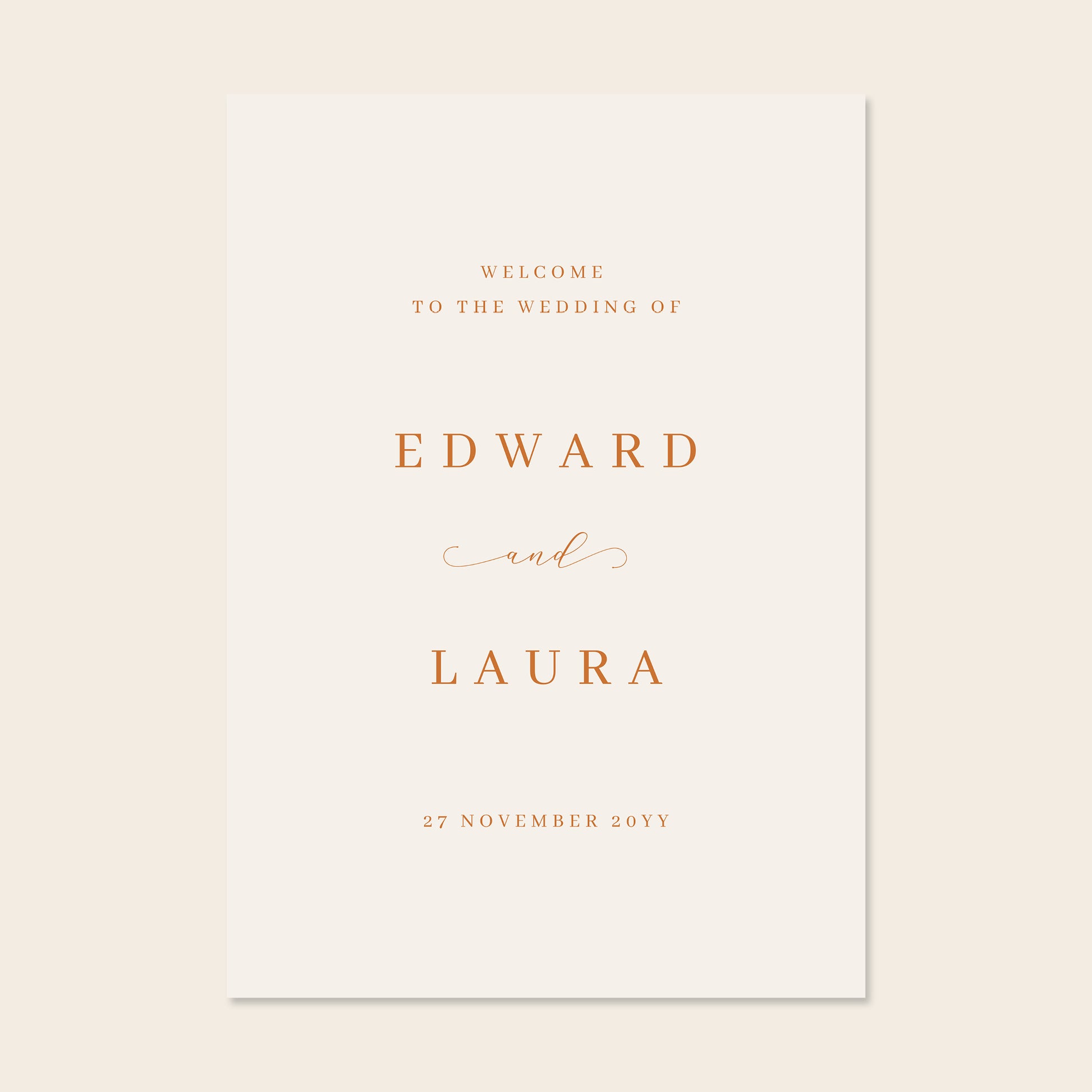 Wedding welcome sign template design on a beige background.