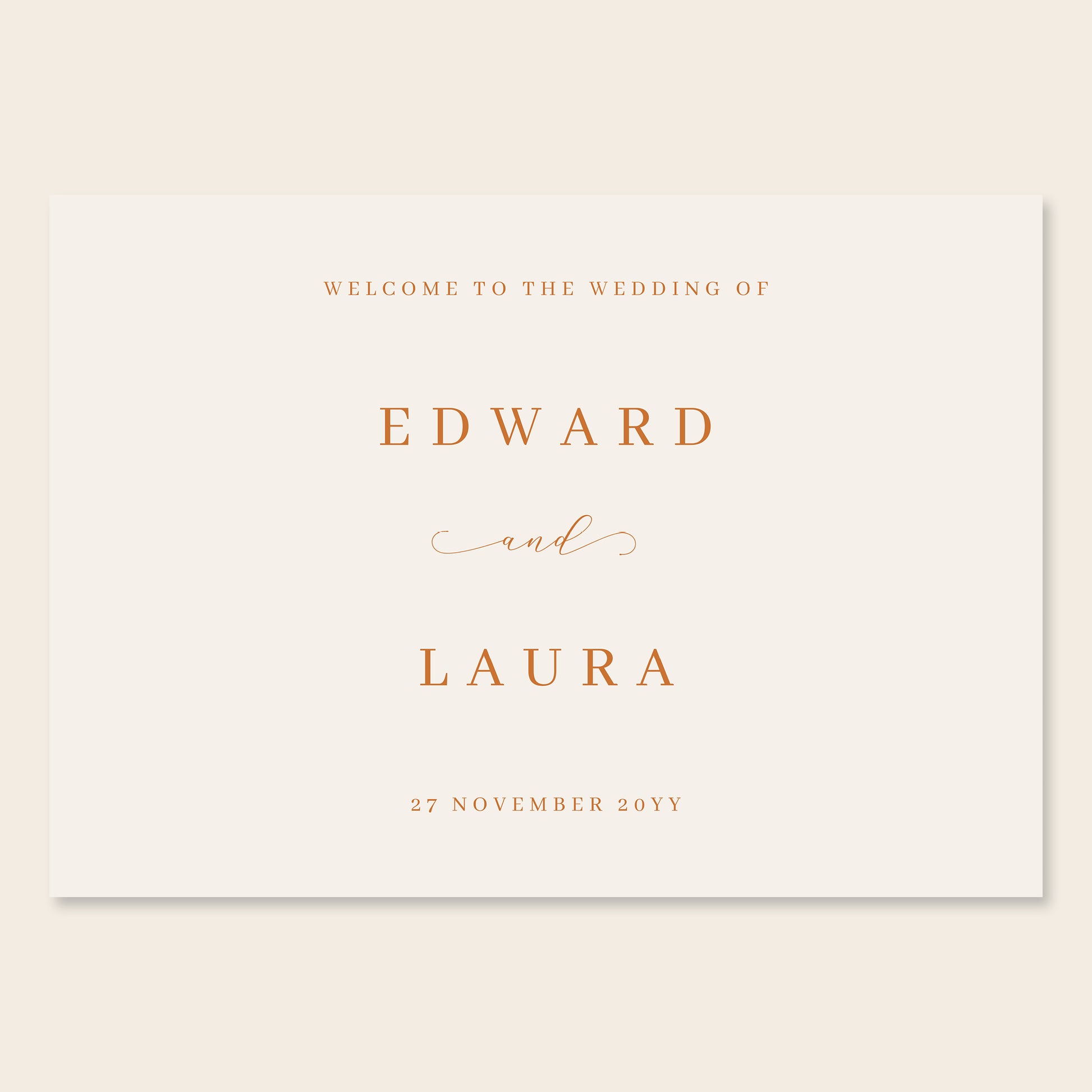 Horizontal wedding welcome sign template design on a beige background.