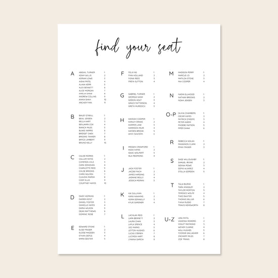 Wedding alphabetical table seating plan template design on a beige background.