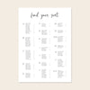 Wedding alphabetical table seating plan template design on a beige background.