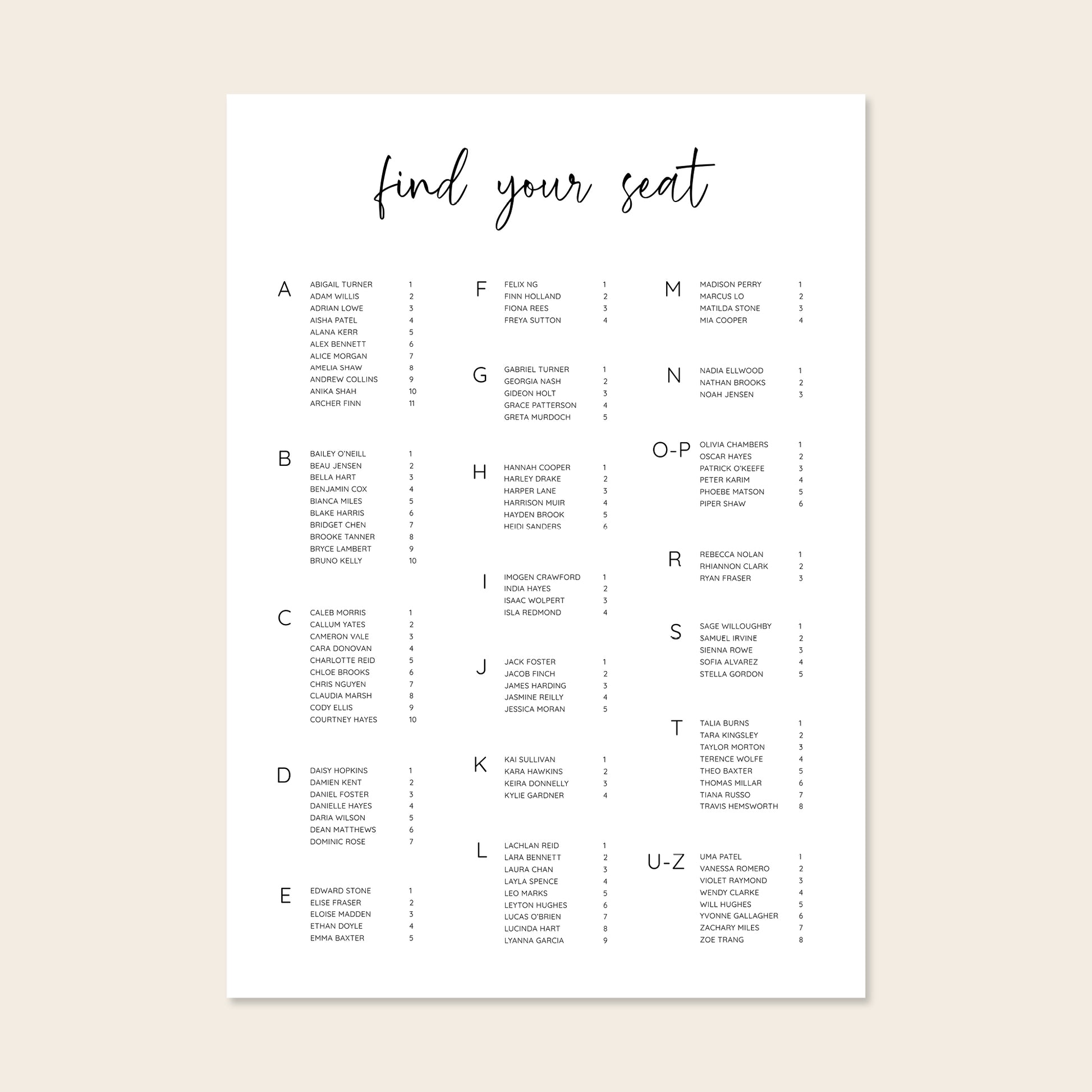 Wedding alphabetical table seating plan template design on a beige background.