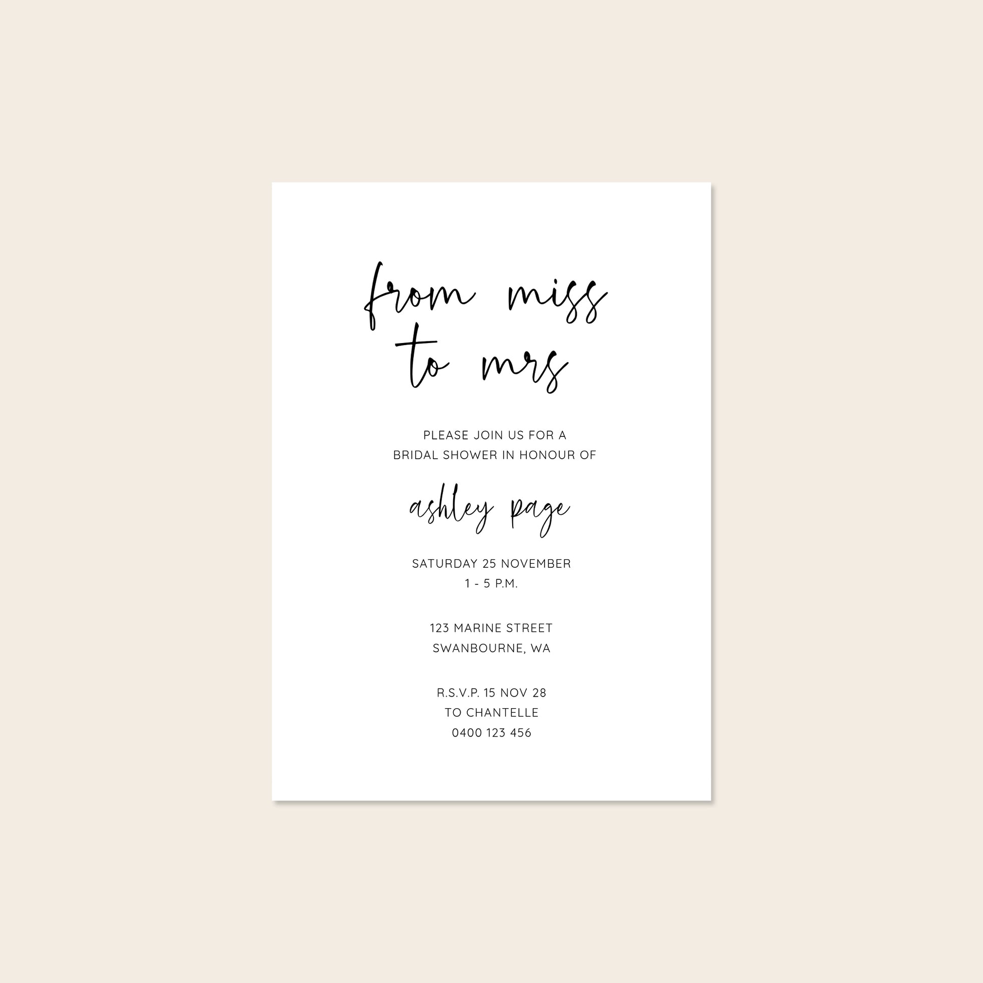 Bridal shower invitation template design on a beige background