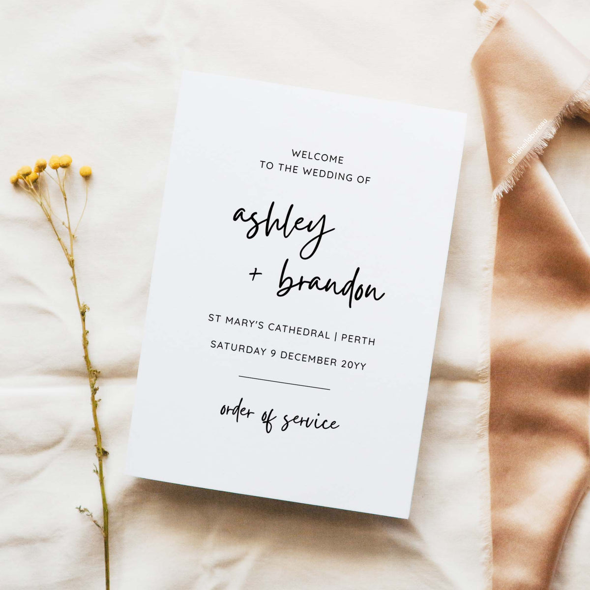 Catholic wedding order of service booklet cover template, editable with couple's names and venue details