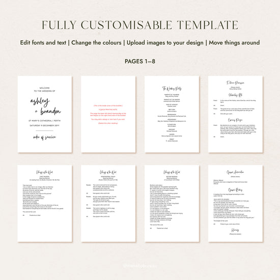 Catholic wedding ceremony script pages 1 to 8, A5 layout showing the full opening sequence