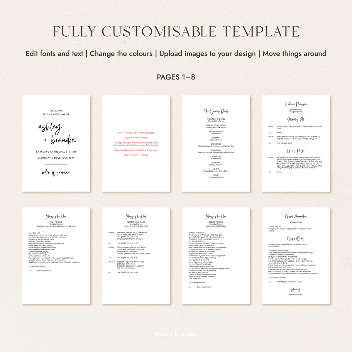 Catholic wedding ceremony script pages 1 to 8, A5 layout showing the full opening sequence