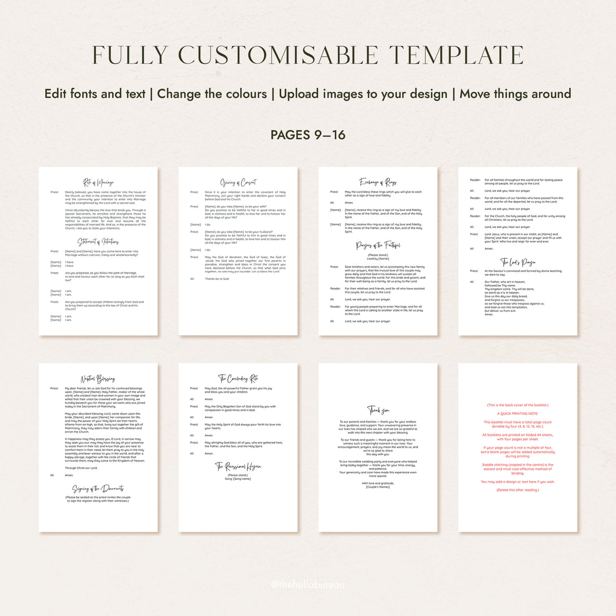 Catholic wedding ceremony script pages 9 to 16, A5 layout showing the full closing sequence
